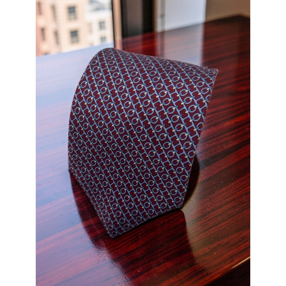 Brooks Brothers 100% Silk Tie Burgundy Blue Geometric Made USA Italian 60.25"